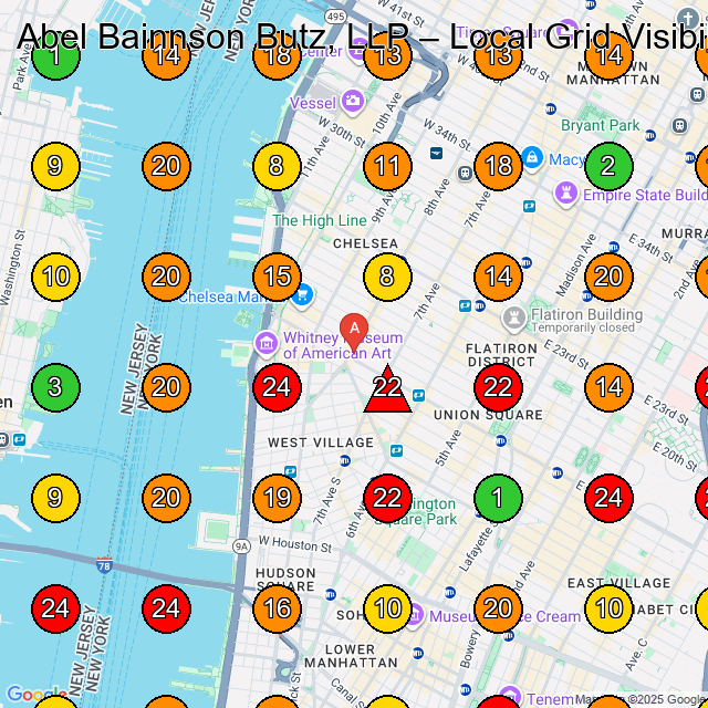 Abel Bainnson Butz, LLP Landscape Architect GeoGrid ranking map for New York NY